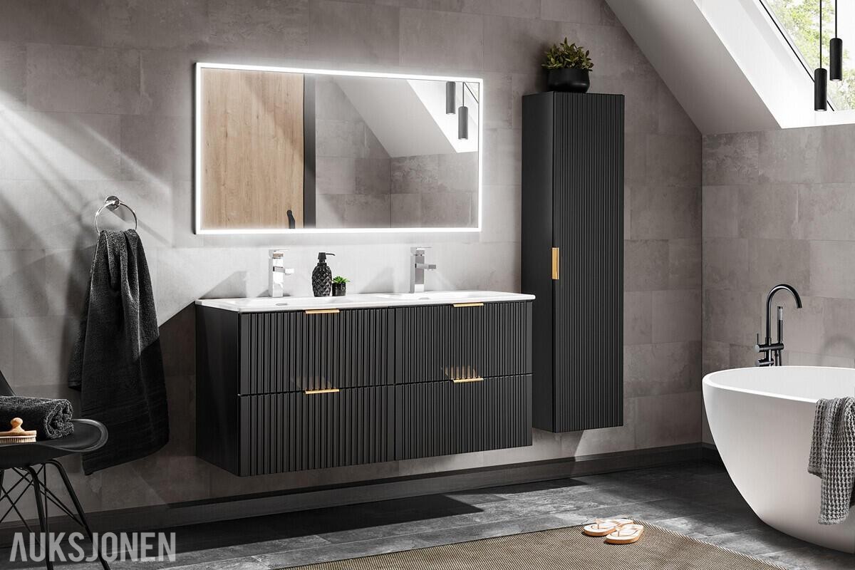 Komplett baderomspakke ADEL BLACK 120 cm – dobbelservant, Geberit, vegghengt toalett og Hansgrohe  